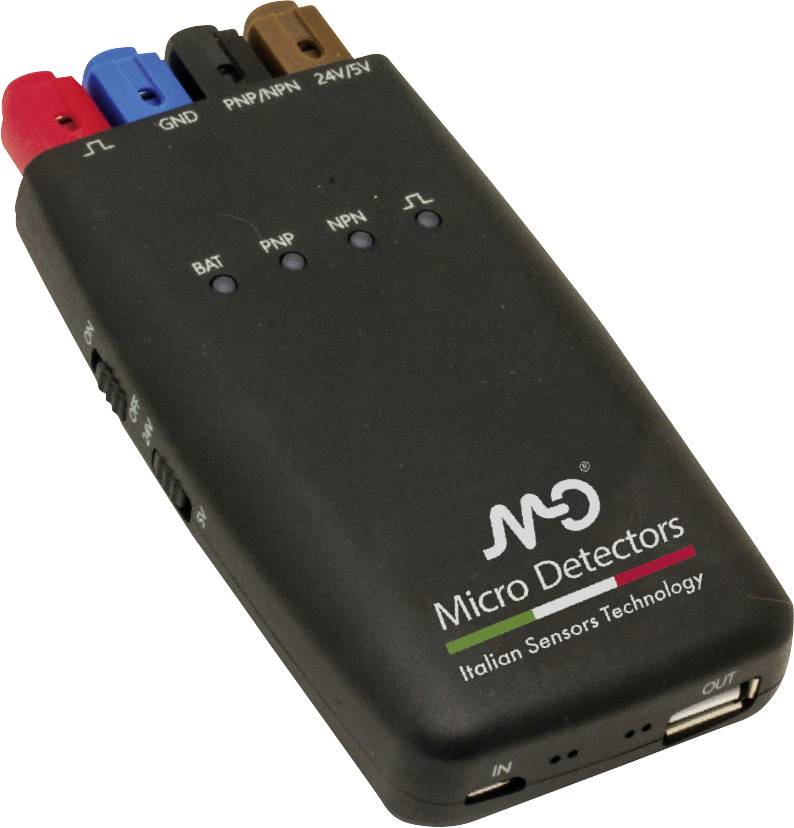 Détecteur de 'Micro Detectors', appareil noir avec plusieurs ports d'entrée colorés et l'inscription 'Italian Sensors Technology'.