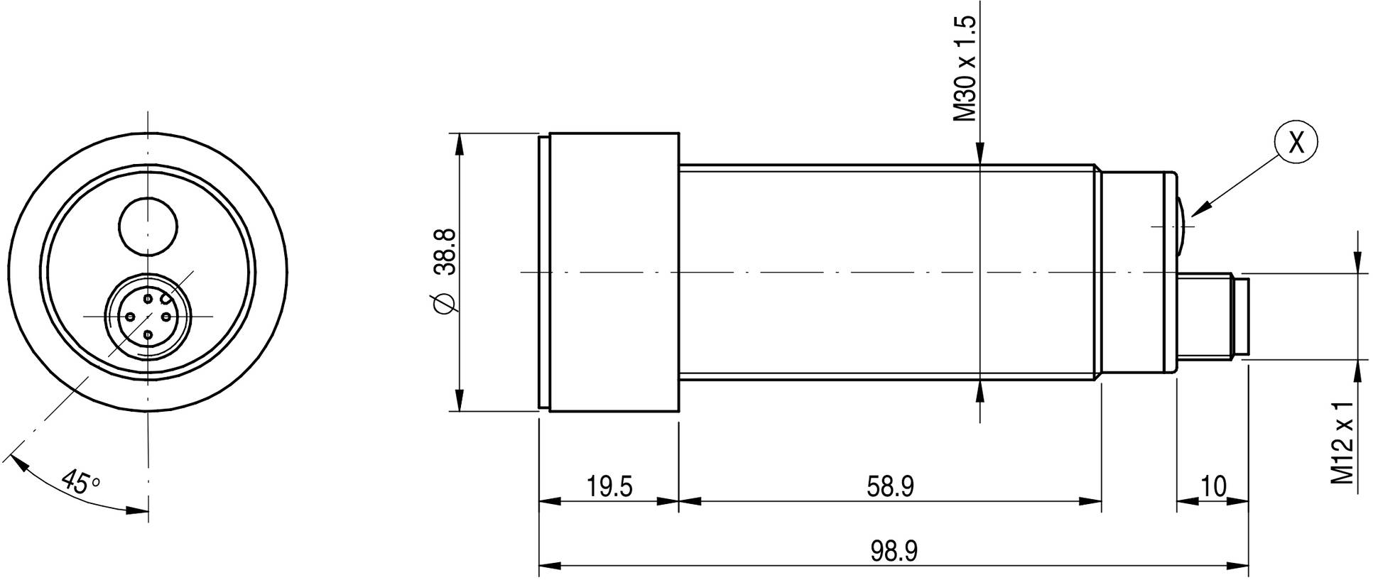Dessin technique d'un composant cylindrique avec dimensions en millimètres et indications de filetage, vue latérale et vue de face.