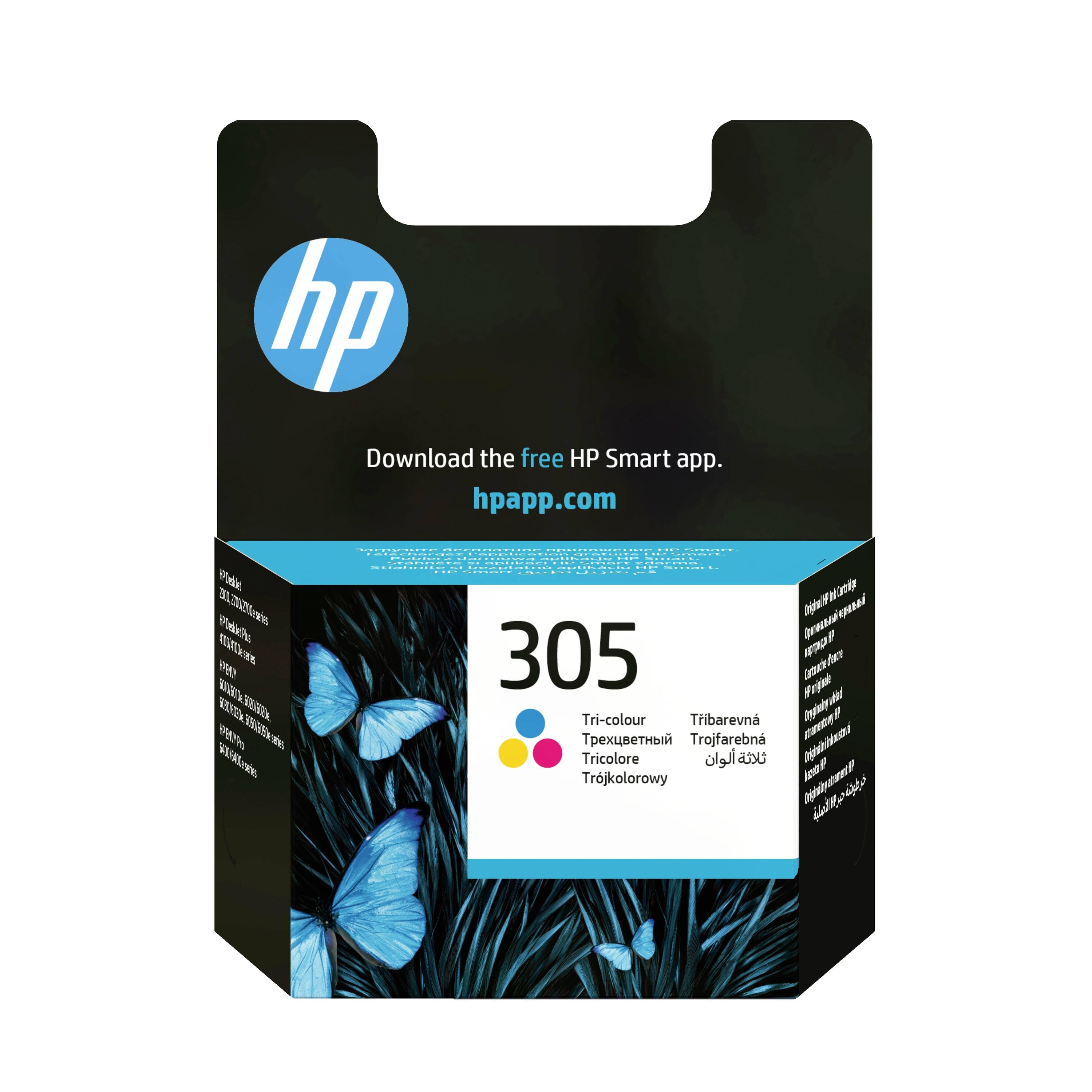 Cartouche d'encre HP boîte étiquetée 305, tri-couleur, avec illustration papillon bleu et texte « Téléchargez l'application HP Smart gratuite. hpapp.com ».