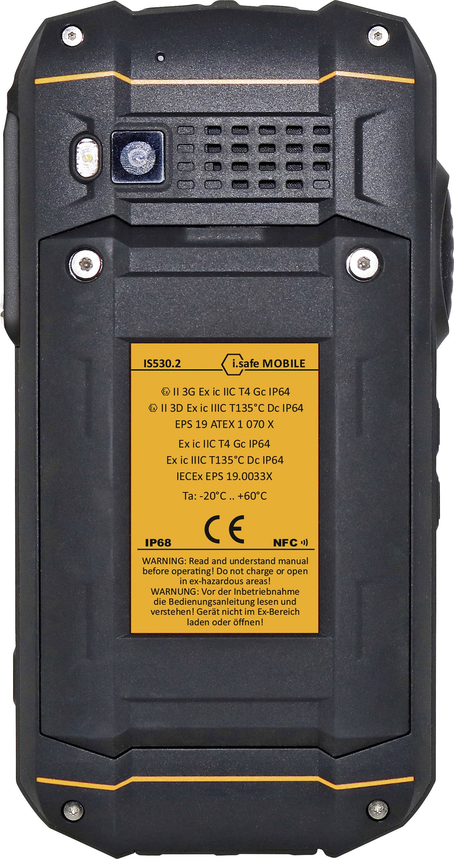 Appareil mobile noir robuste avec certification de sécurité. Le texte sur l'étiquette jaune contient des avertissements importants et des niveaux de protection jusqu'à IP68.