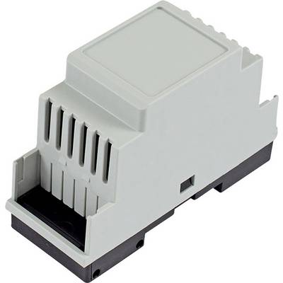 Un boîtier en plastique gris et noir, typiquement utilisé pour les composants électroniques dans les installations de armoires électriques.