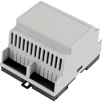 Un boîtier électrique gris avec des fentes de ventilation, adaptable sur un rail DIN, est présenté.
