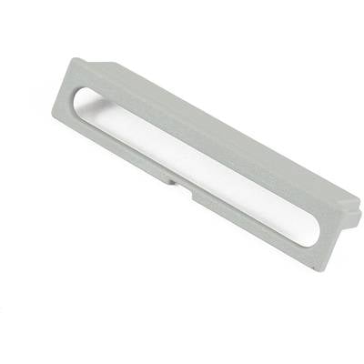 Une pièce rectangulaire en plastique grise avec une découpe oblongue ovale au centre, probablement un composant technique.