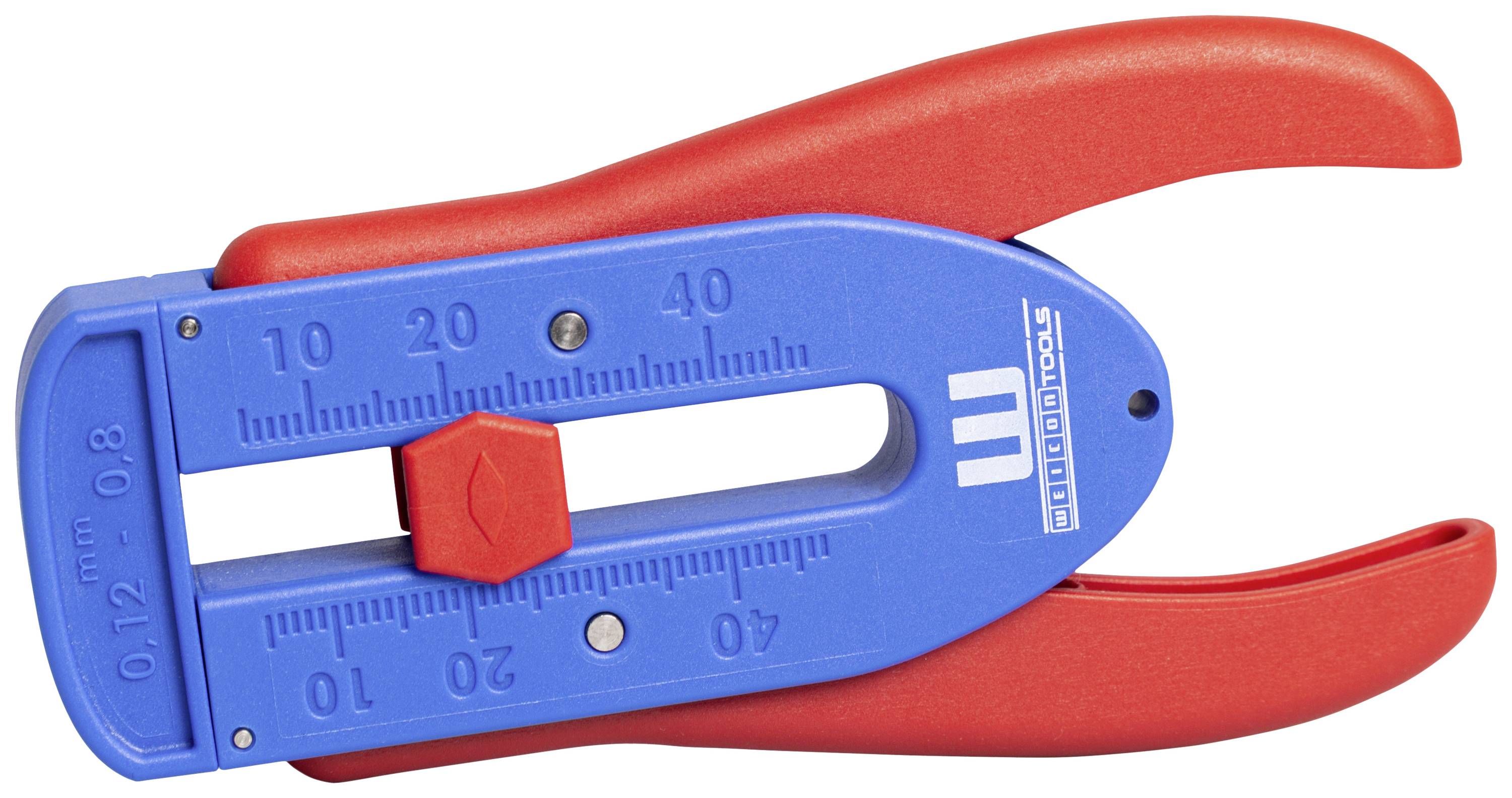 Un dénudeur bleu et rouge pour câbles. Boîtier bleu avec poignées rouges. Indication de mesure de 0,12 à 0,8 mm pour un travail précis.