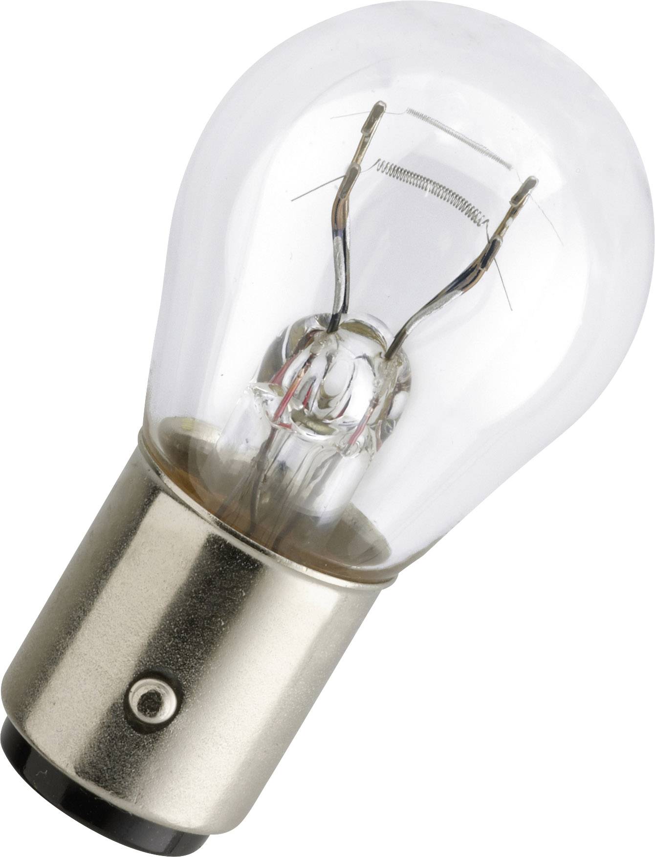 Une ampoule unique avec une douille métallique, un abat-jour en verre transparent et un filament visible, légèrement inclinée vers le haut.