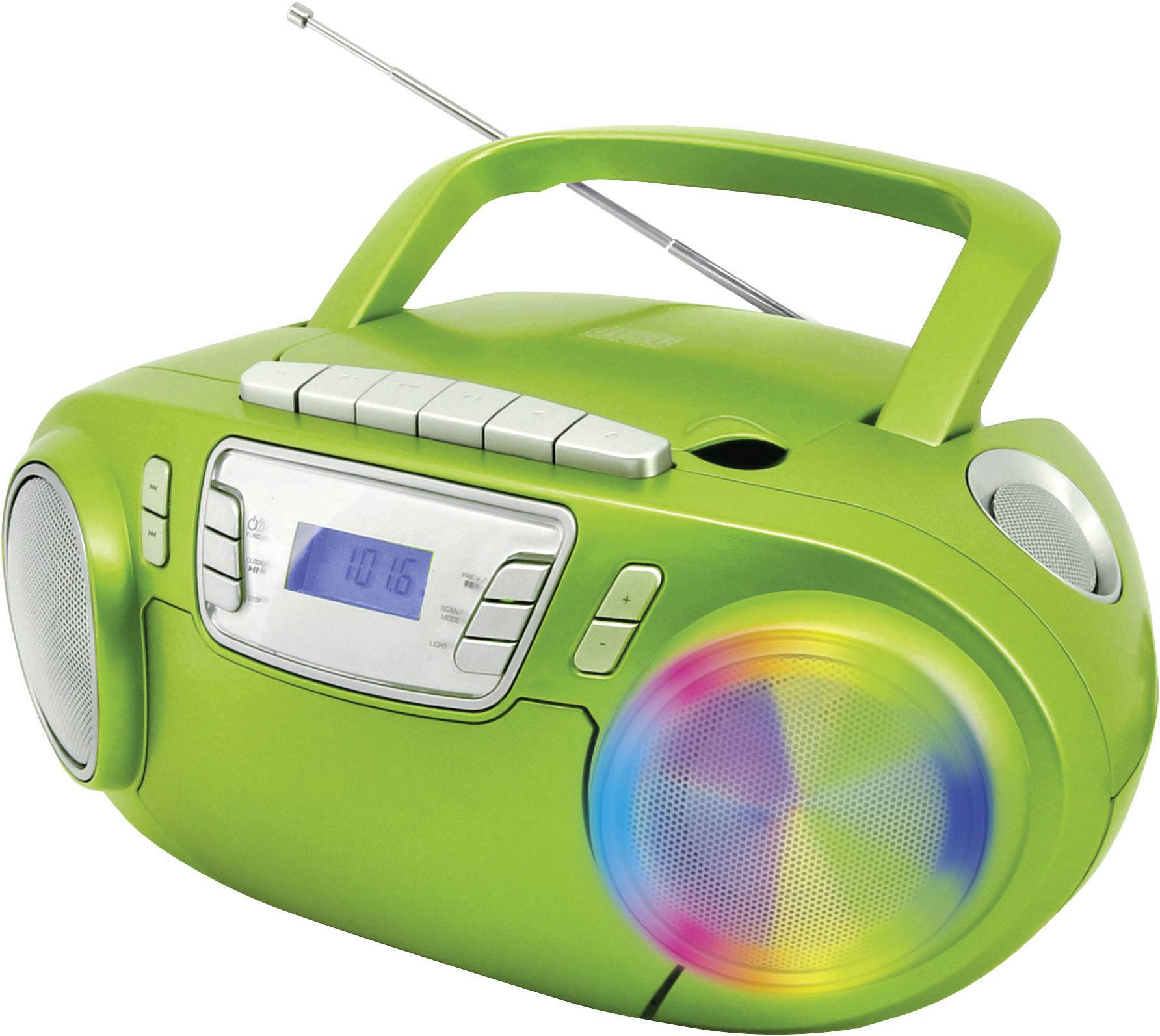 Boombox portable verte avec antenne télescopique, haut-parleurs et un affichage numérique indiquant '10:16'.