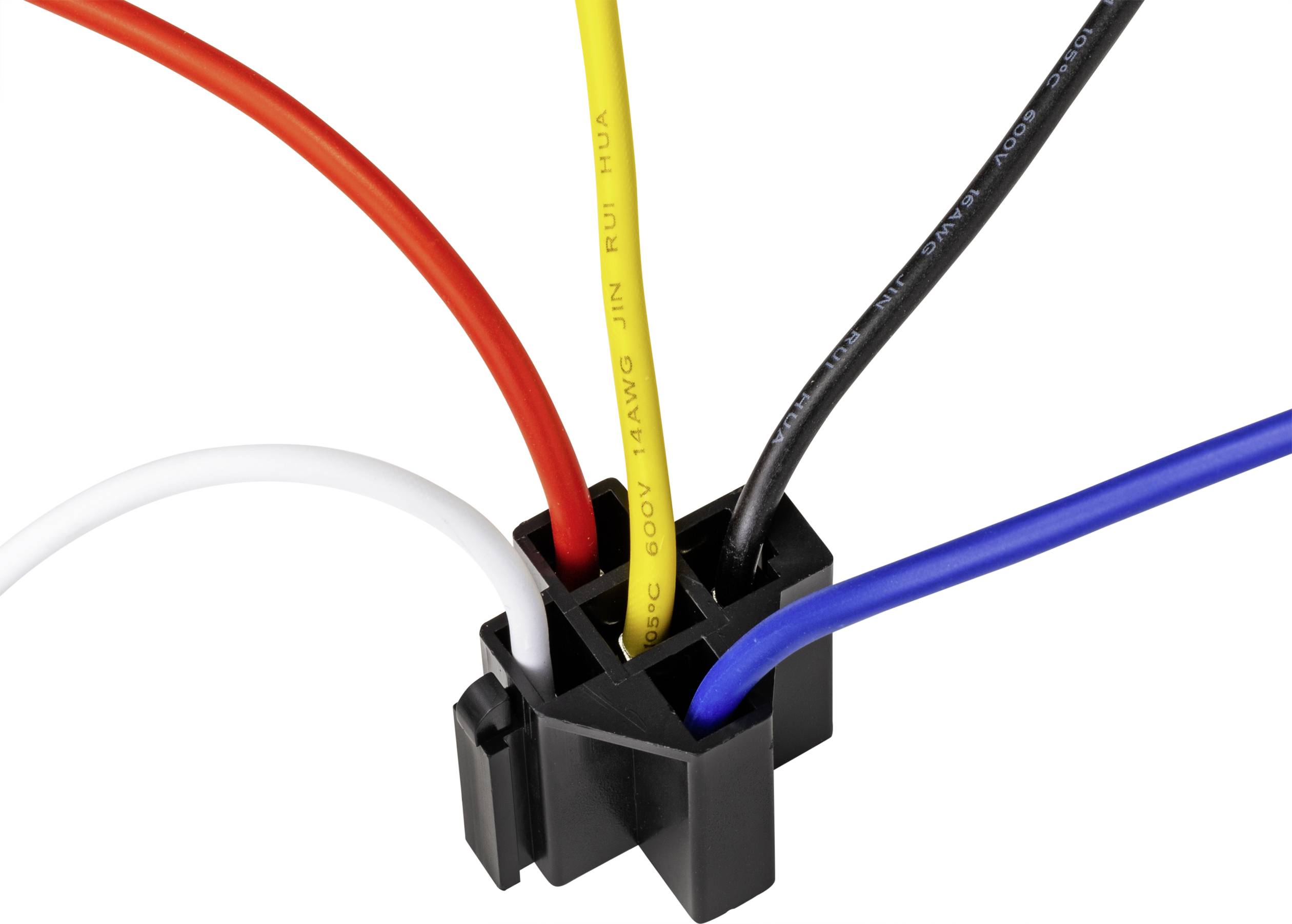 Câbles multicolores – rouge, jaune, noir, bleu, blanc – connectés à un bloc de raccordement noir.