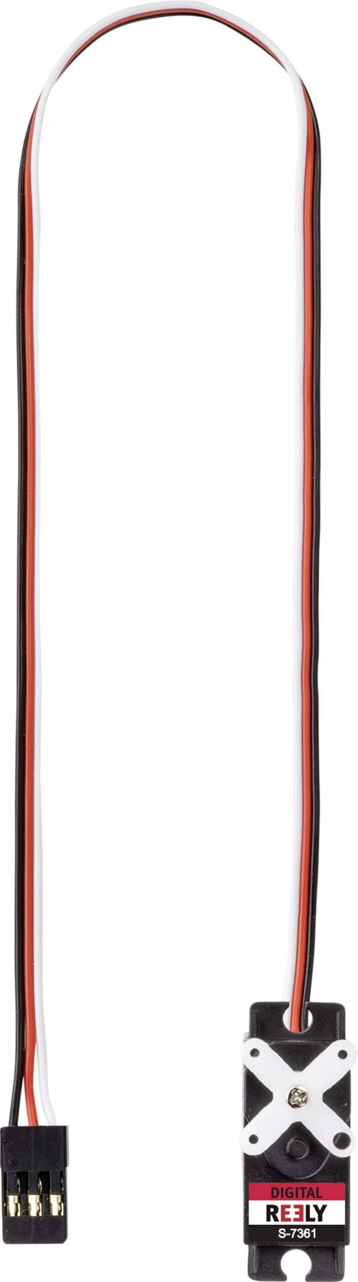 Un petit composant électrique avec un long câble, comportant des connexions noire, rouge et blanche, probablement un servo.