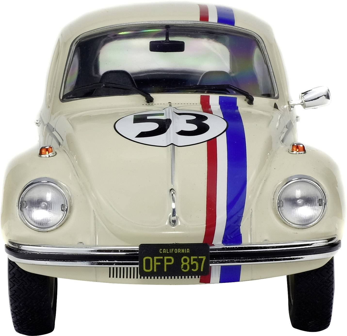 Une Coccinelle Volkswagen couleur crème avec des bandes bleues et rouges et le numéro '53' sur le capot. Elle porte une plaque d'immatriculation de Californie.