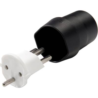 Adaptateur noir avec deux broches argentées et partie avant blanche, adapté aux prises électriques européennes.