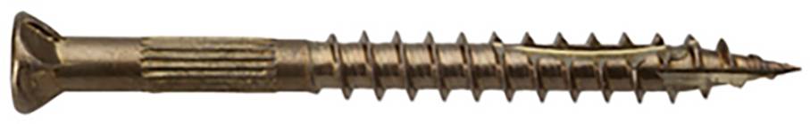 Une vis à tête fraisée de couleur bronze, avec un filetage pointu, adaptée aux assemblages en bois ou en métal.
