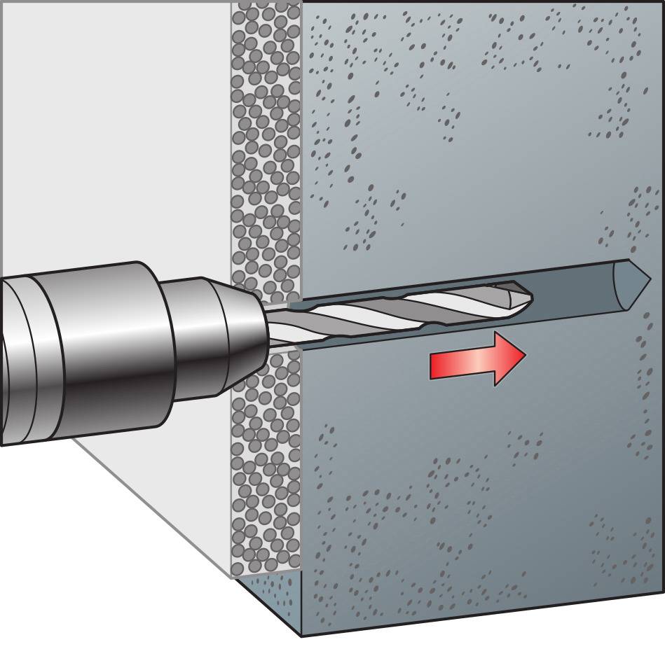 Une foreuse perce horizontalement à travers un mur en béton. Le foret crée un trou avec une flèche indiquant la pénétration.