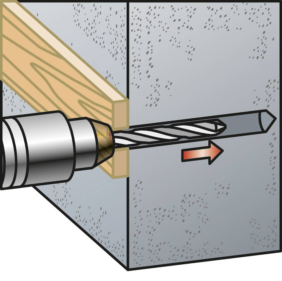 Un foret perçant le bois et le béton, avec une flèche de direction pointant vers l'avant.
