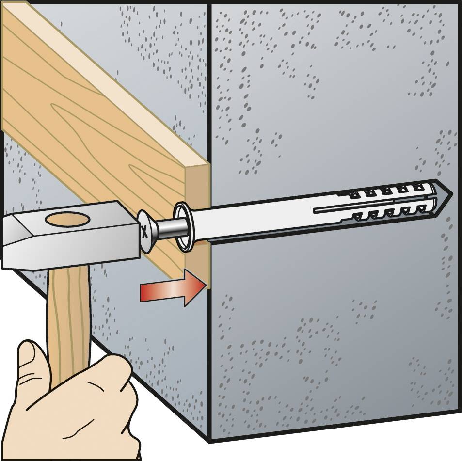 Une personne enfonce un goujon dans le mur pour assembler le bois et le béton. Une flèche rouge indique la direction de l'enfoncement.