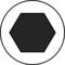 Un hexagone noir dans un cercle blanc sur un fond blanc. Représentation géométrique à fort contraste.