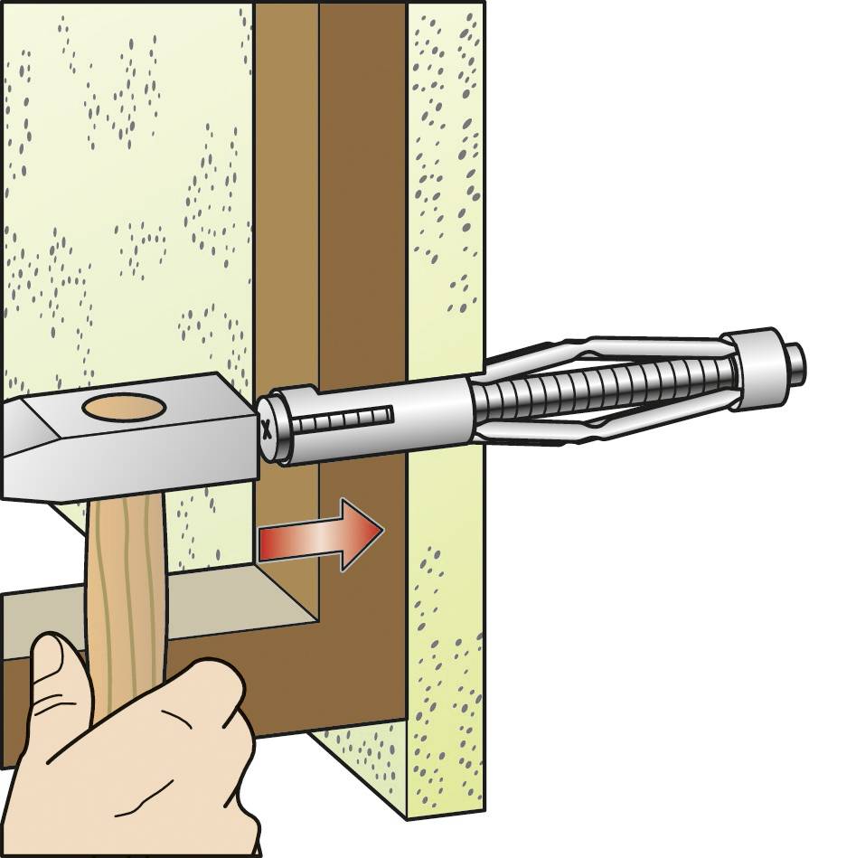 'Illustration d'un ancrage mural en coupe transversale : Un marteau enfonce l'ancre à travers le mur pour permettre une fixation sécurisée.'