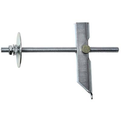 Attache métallique pour poutre, composée d'une tige filetée avec deux rondelles rondes et un élément de fixation pivotant pour poutres.