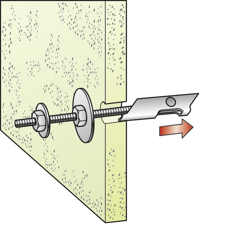 Une vis fixée avec deux rondelles et un écrou maintient une tôle perforée contre un mur ; une flèche indique une force de traction sur la tôle.