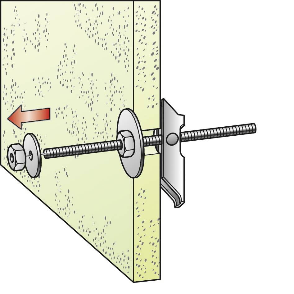 Illustration d'un dispositif de serrage de lame de scie fixé à une planche en bois. Une flèche indique la direction d'utilisation de l'outil.