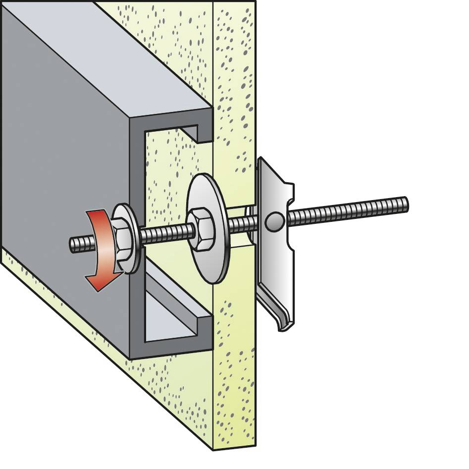 L'illustration montre le montage d'un collier de serrage métallique sur un mur avec une vis et un écrou. Une flèche rouge indique le serrage de l'écrou.