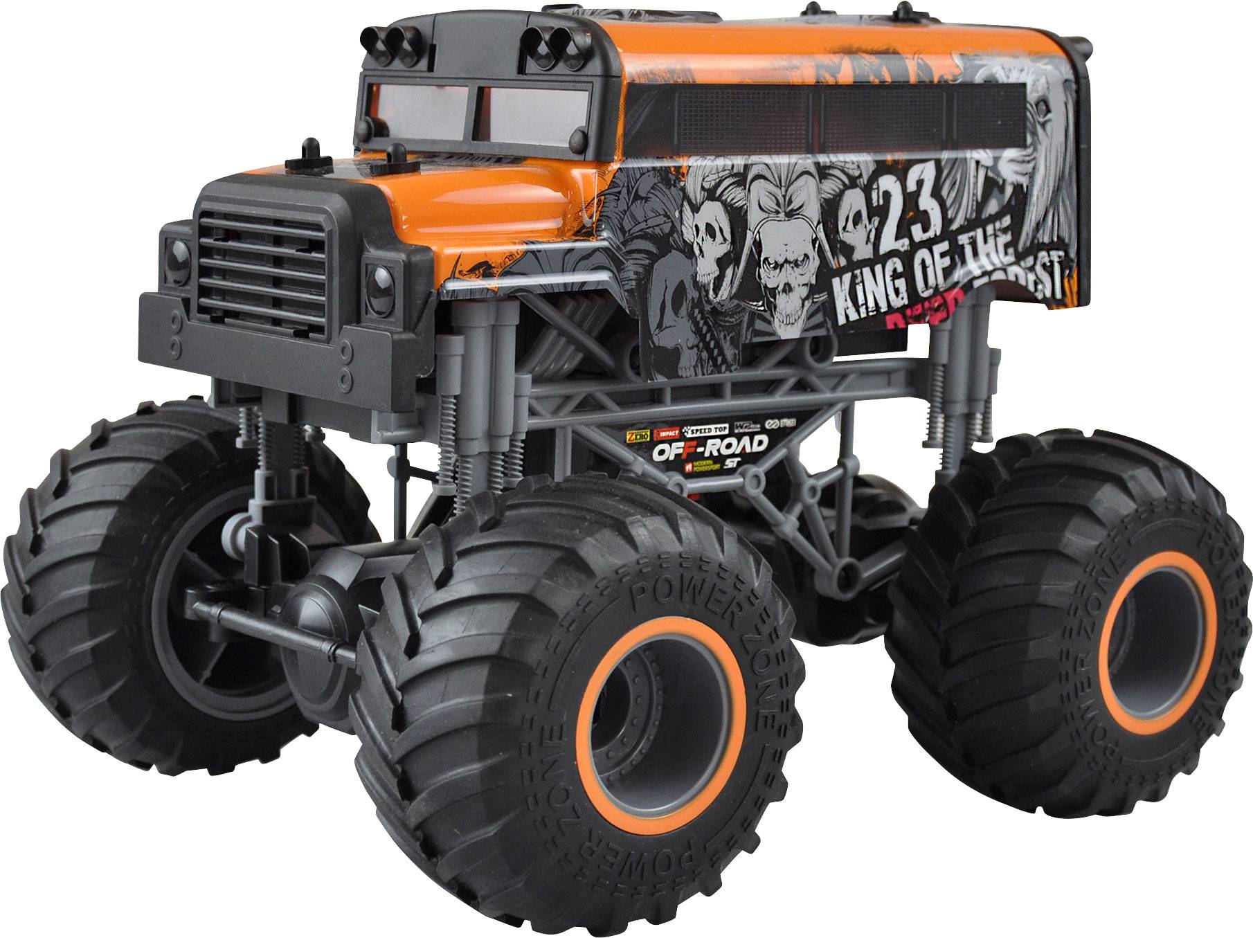 Amewi Crazy SchoolBus orange 1:16 Véhicule RC débutant électrique Monstertruck 100% RtR 2,4 GHz avec accu, chargeur et p-0