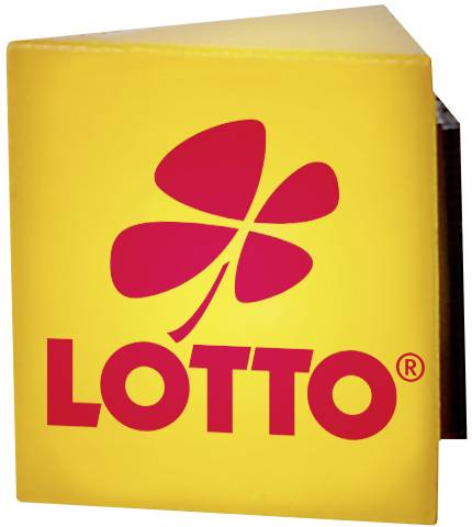 Un panneau jaune avec un symbole de trèfle rouge et le mot 'LOTTO' en dessous en lettres rouges.