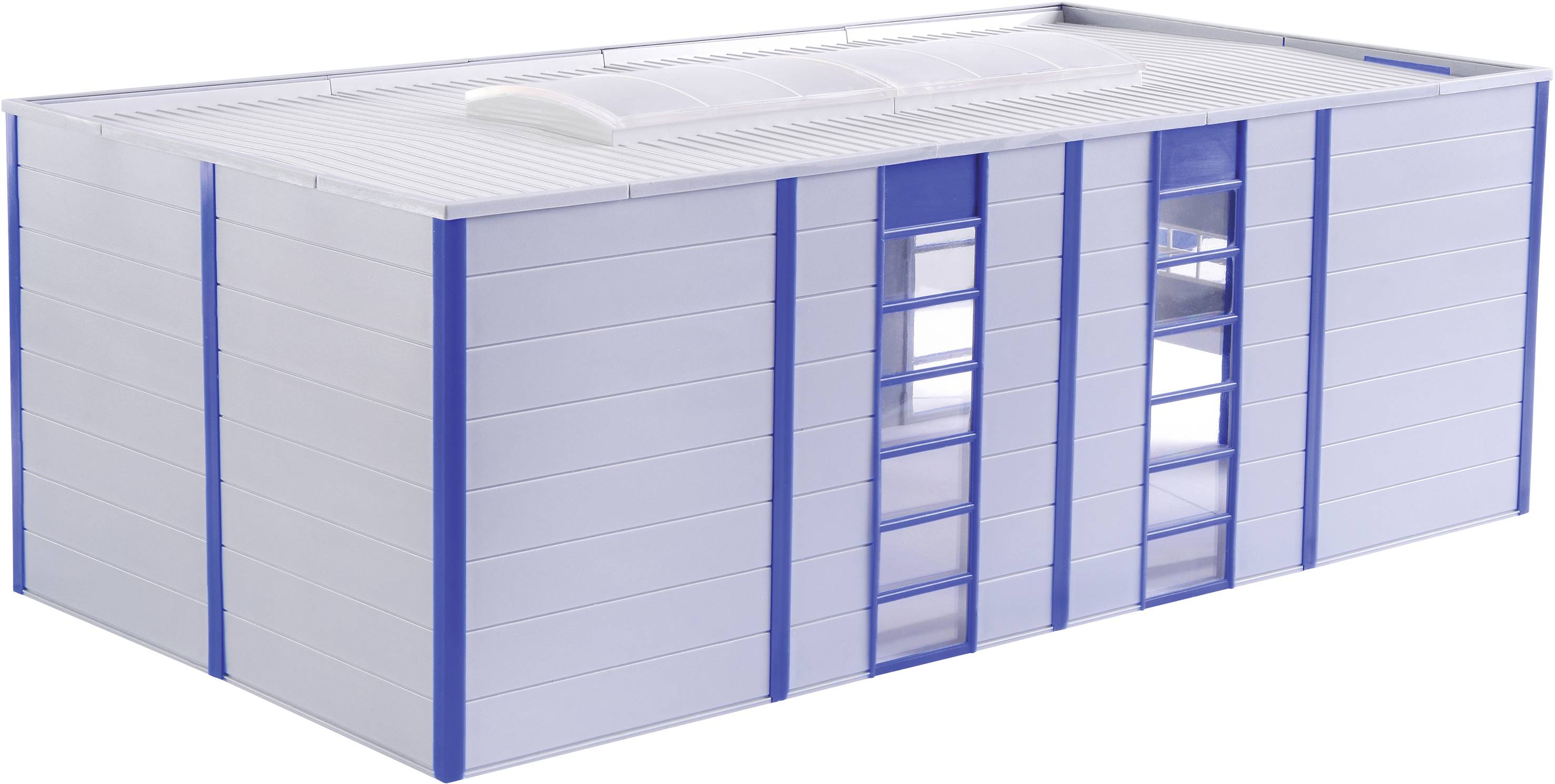 Un modèle d'un entrepôt moderne avec des panneaux bleus et blancs et des fenêtres en partie supérieure pour la ventilation.