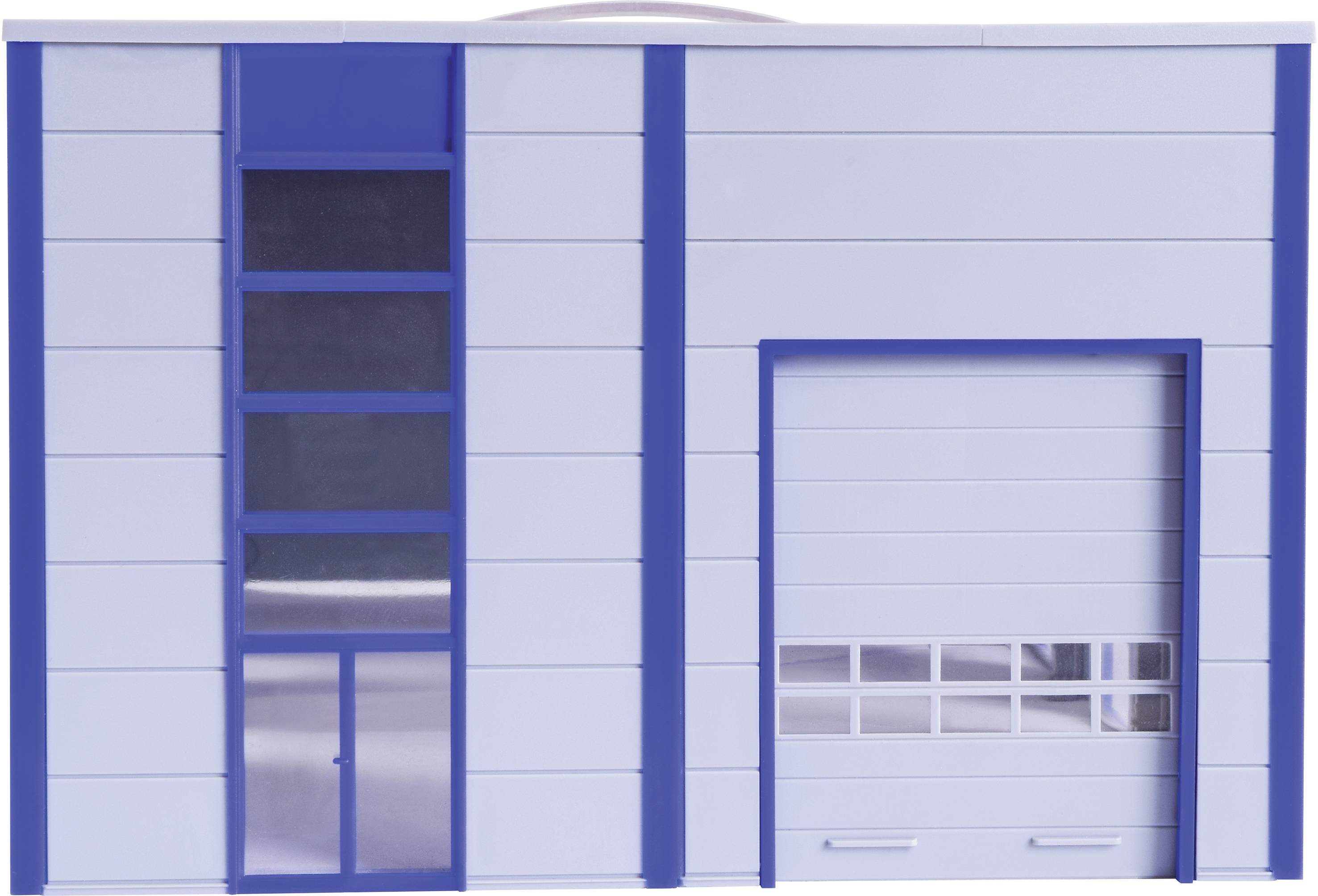 Bâtiment bleu et blanc avec un grand garage rectangulaire et une fenêtre étroite et haute à côté.