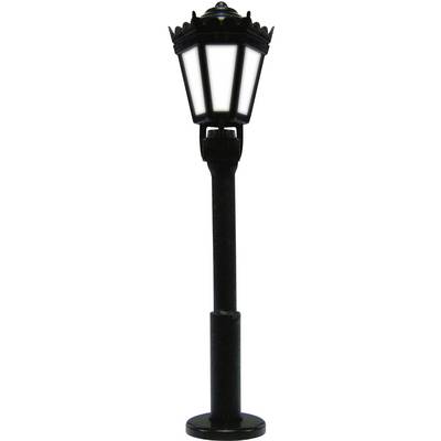 Un lampadaire classique avec un mât en métal noir et une tête hexagonale.
