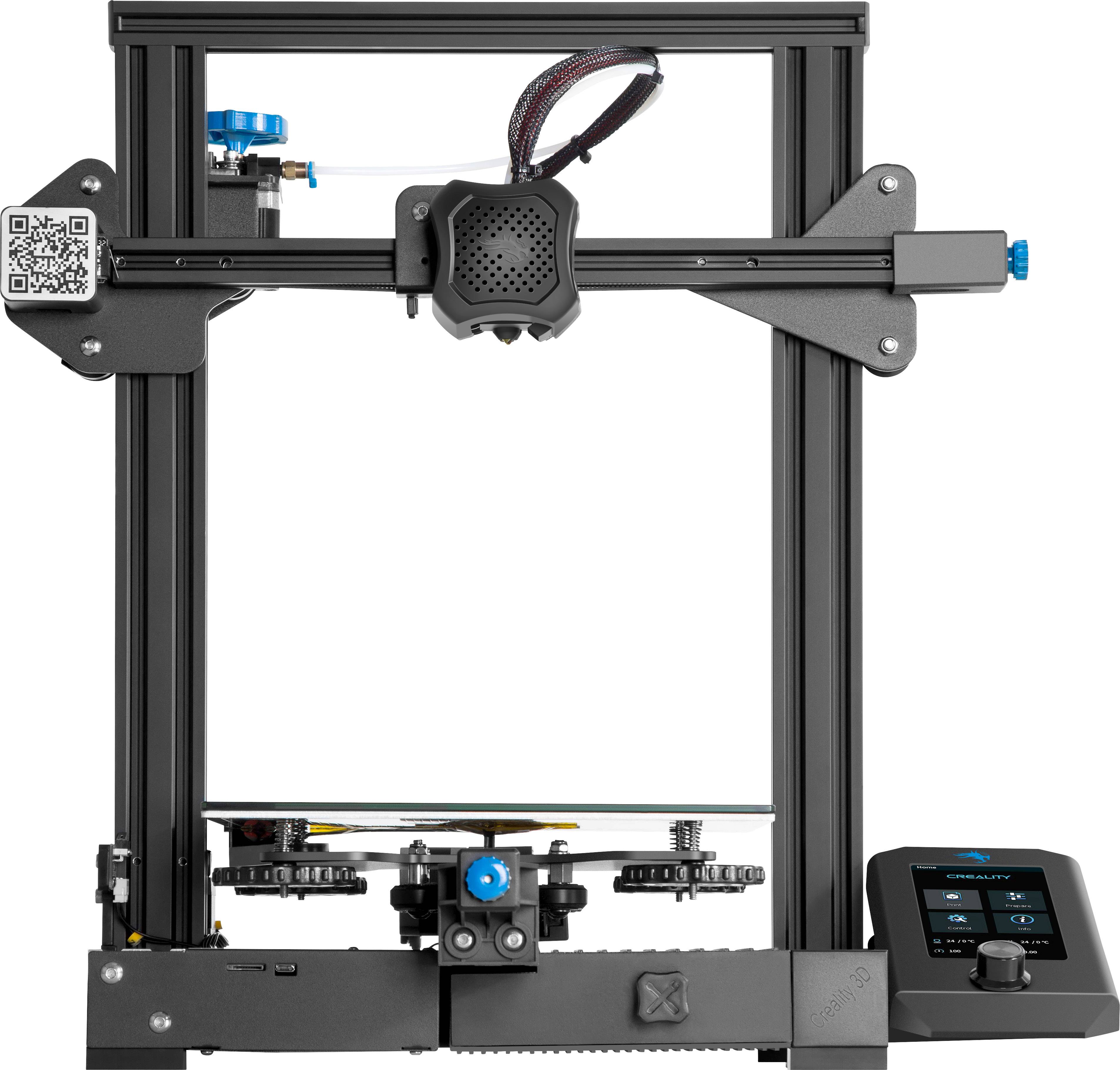 Une imprimante 3D avec un cadre rectangulaire et un écran LCD. Le filament est chargé par le haut. Idéale pour l'impression d'objets en plastique.