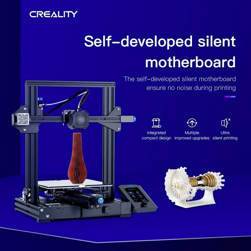 Imprimante 3D avec carte mère silencieuse qui, selon la description, réduit le niveau sonore pendant l'impression.