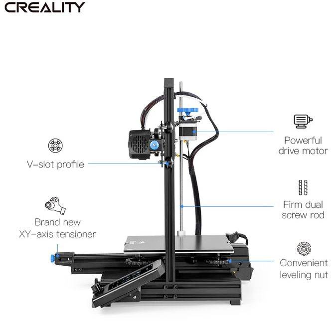 Imprimantes 3D de Creality avec profilé V-Slot, moteur d'entraînement puissant, nouveau tendeur d'axe XY, double vis à pas stable, écrou de nivellement pratique.