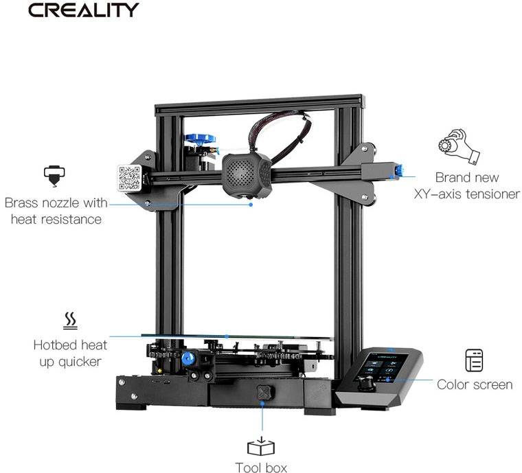 Une imprimante 3D avec plateau chauffant, buse en laiton, tendeurs d'axes XY et écran couleur. Comprend une boîte à outils.