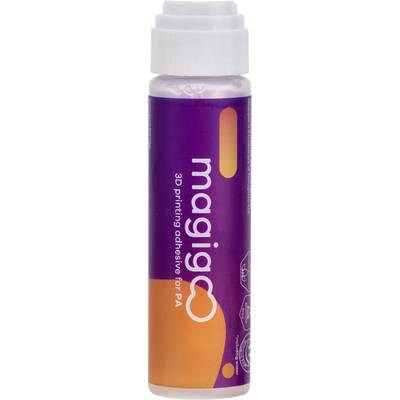 Bouteille avec étiquette mauve et orange, portant l'inscription « magigoo adhésif pour impression 3D pour PA »