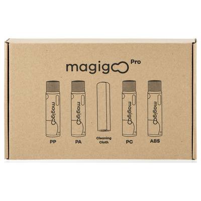 Boîte en carton contenant cinq stylos de la marque 'magigoo Pro' pour le collage des plastiques. Types : PP, PA, PC, ABS, plus stylo de nettoyage.