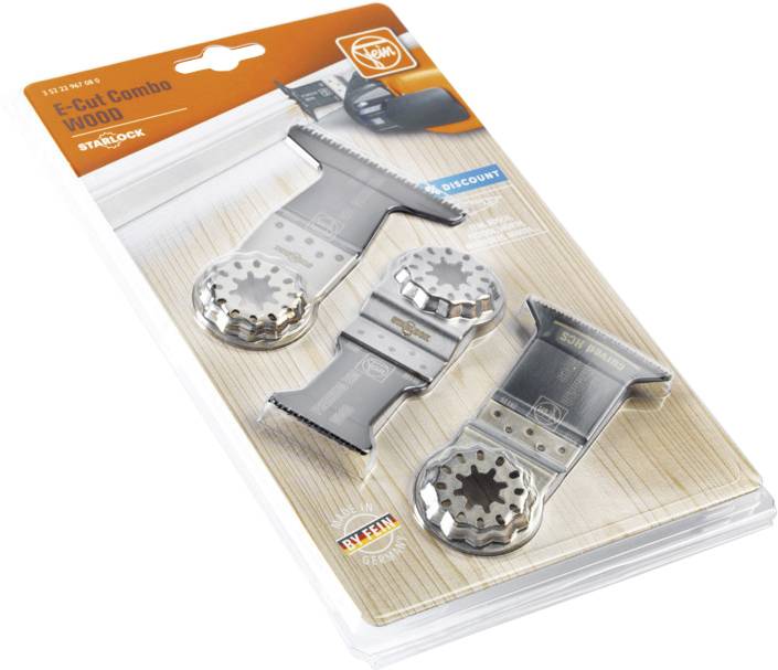 Emballage contenant trois lames de scie STARLOCK E-Cut Combo Wood pour le bois. Comprend des indications sur la taille et l'application, présentée sur un fond en bois.