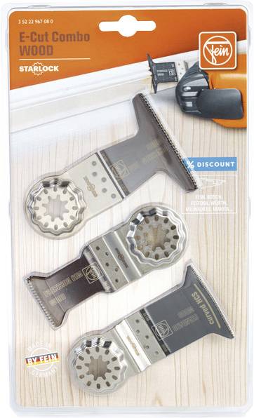Emballage contenant trois lames E-Cut compatibles avec le système Starlock pour le travail du bois. Nom de marque en haut à gauche, étiquette de réduction à droite.