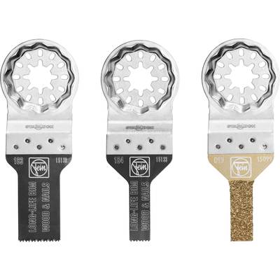 Trois lames de scie différentes pour outils multifonctions, en métal, certaines avec bord dentelé ou surface abrasive, pour le bois et les clous.