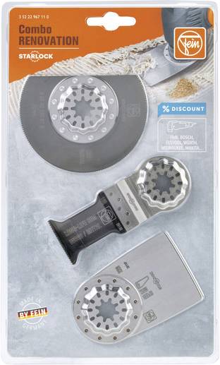 Emballage contenant trois outils de rénovation Starlock de Fein, compatibles avec Fein, Bosch, Makita. Avec un autocollant '9% de réduction'.