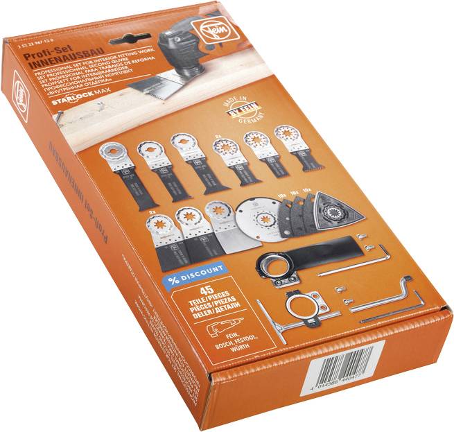 Emballage d'un kit professionnel pour aménagement intérieur, 45 pièces, compatible avec Bosch, Fein ; comprenant différentes lames et outils.