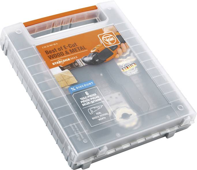 Boîte en plastique avec poignée rouge-orangée et couvercle transparent, portant l'inscription 'Best of E-Cut WOOD & METAL' et montrant une image d'outils.