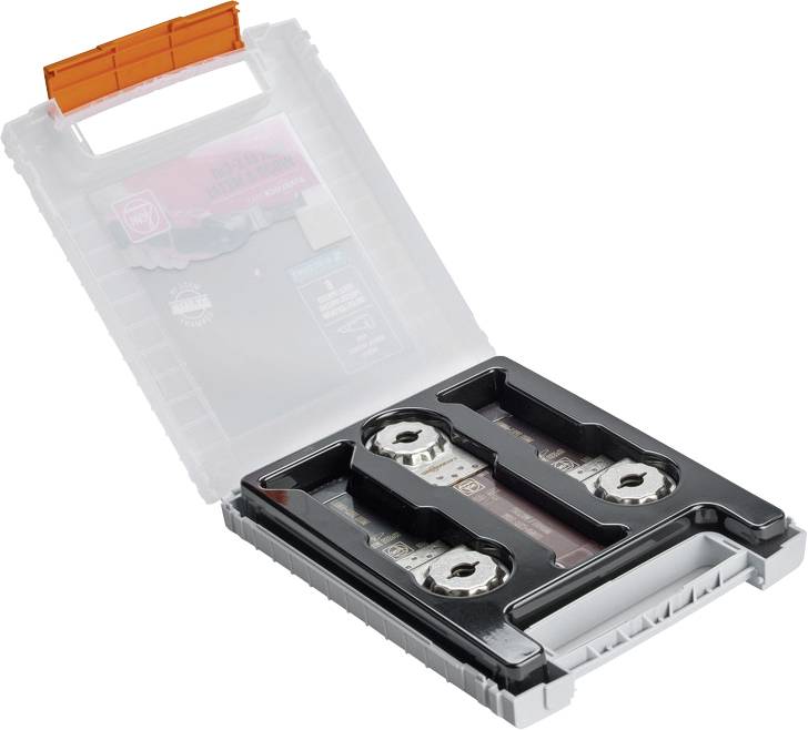 Boîte de rangement avec couvercle ouvert, montrant des pièces métalliques dans un insert en mousse ; idéale pour le stockage et l'organisation en toute sécurité.