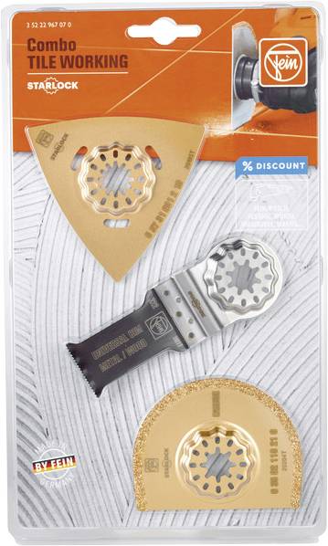 Ensemble 'Fein Combo Tile Working' avec trois accessoires Starlock spéciaux pour le travail sur carrelage, affichant une réduction de 96%.