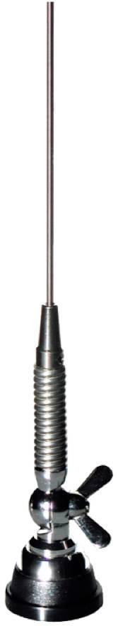 Une antenne radio argentée avec une base spiralée et un socle noir, adaptée pour une installation sur véhicule.