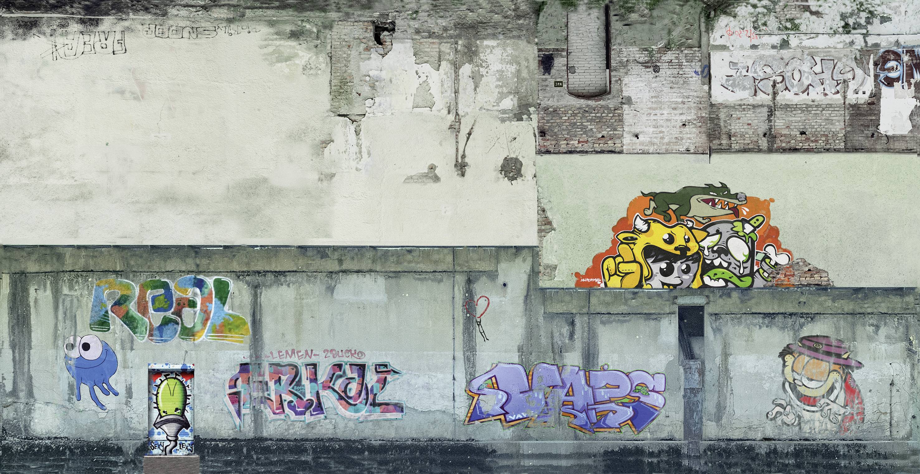 Un mur de béton recouvert de graffitis dans différentes couleurs et styles, comprenant des lettres colorées, une pieuvre bleue et des personnages de bande dessinée.