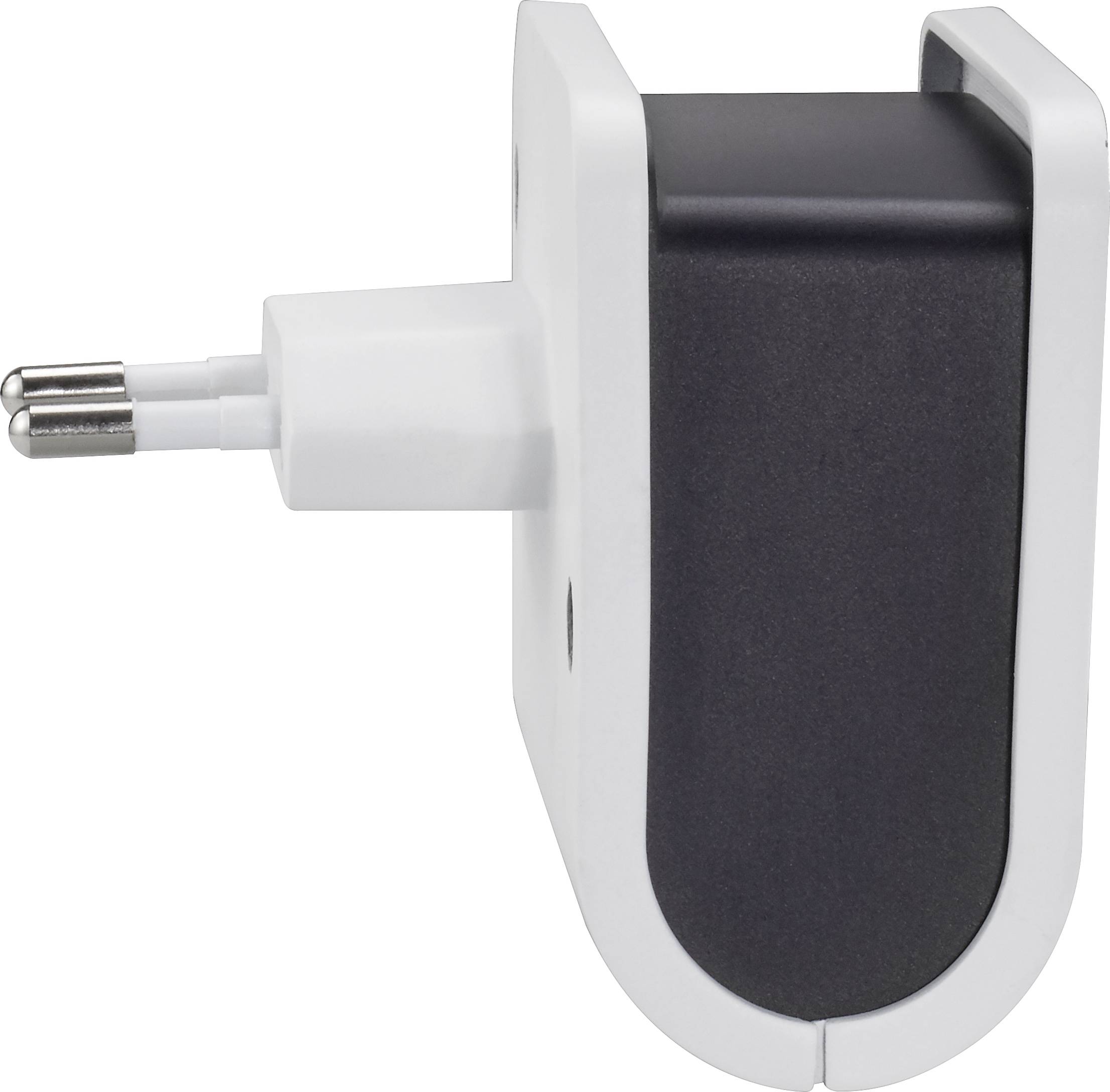 Un adaptateur secteur noir et blanc montré en angle. Adapté pour se connecter à une prise électrique.