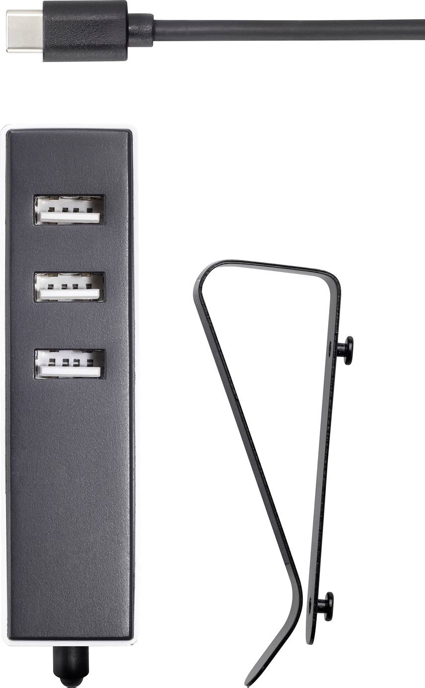 Un hub USB avec trois ports USB et un support à clip, relié par un câble avec une fiche USB-C.