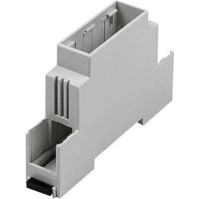 Boîtier en plastique gris pour montage sur rail DIN, ouverture sur la gauche, adapté aux composants électroniques dans les armoires électriques.