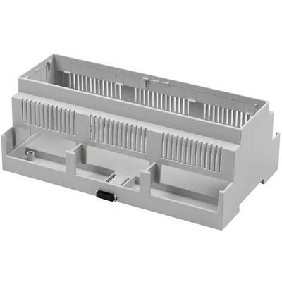 Boîtier rectangulaire gris en plastique pourvu de plusieurs fentes et compartiments, probablement destiné à des composants électroniques ou à un système de commande.