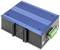 Appareil industriel bleu rectangulaire avec base noire et connexions vertes, adaptable au montage, destiné au contrôle ou aux technologies de communication.